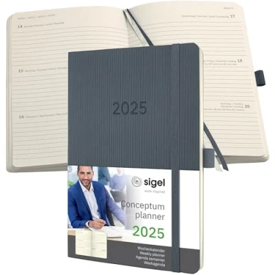 Abbildung von SIGEL C2536 Terminplaner Wochenkalender 2025, ca. A5, dunkelgrau, Softcover, 192 Seiten, Gummiband, Stiftschlaufe, Archivtasche, aus nachhaltigem Papier, Conceptum