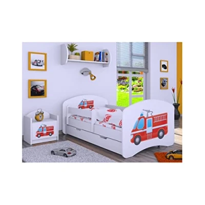 Abbildung von BDW Kinderbett mit Matratze und Bettkasten NEU, 140/160/180/190 Verschiedene Motive Für Junge Weiß (Feuerwehr, 180x90)