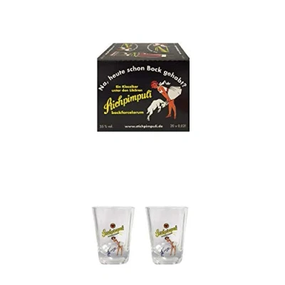 Abbildung von Stichpimpuli bockforcelorum Speziallikör 20 x 0,02 Liter Miniaturen + Shot Glas mit Schriftzug und Eichstrich 2 cl