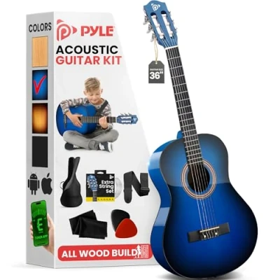 Abbildung von Pyle Kindergitarre ab 8 Jahre Classic Guitar for Children, Gitarre für Anfänger &amp; Fortgeschrittene, Konzertgitarre mit Gitarren Set, Tuner Tasche, 3/4 Kinder, Akustikgitarre, Blau