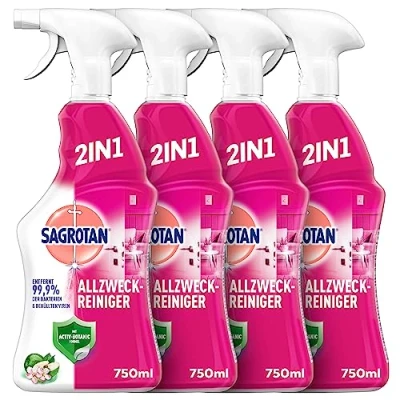Abbildung von Sagrotan Allzweck Reiniger Blütenfrische &amp; Grüner Apfel 2in1 Desinfektionsreiniger für die zuverlässige Reinigung von Oberflächen 4 x 750 ml Sprühflasche