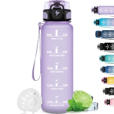 Abbildung von Grsta Trinkflasche 1L, Sport mit Filter, Auslaufsicher für Erwachsene, Zeitmarkierung, Motivational Trinkflasche, Fitness, Yoga, Camping, Outdoor