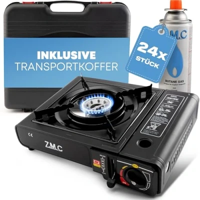 Abbildung von Z.M.C Gaskocher 1 flammig inkl. Adapter für LPG + Aufbewahrungskoffer 24 Gaskartuschen 227g, Campingkocher Outdoor und Innenraum, Campinggaskocher 2,2 kW mit Piezozündung