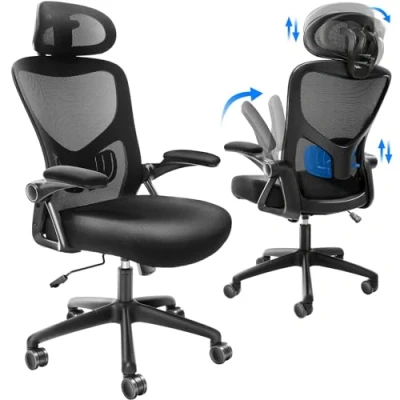 Abbildung von VEVOR Bürostuhl Ergonomisch, Schreibtischstuhl mit Verstellbarer Kopfstütze 60 mm, Armlehnen Lendenwirbelstütze, Drehstuhl Wippfunktion, Chefsessel aus Mesh, Rückenschonend, 130 kg