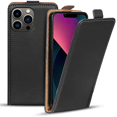 Abbildung von Verco Flip Cover für iPhone 13 Pro Max Case, Flipstyle Schutzhülle Apple Hülle Kunstleder Tasche vertikal klappbare Handyhülle, Schwarz