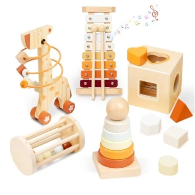 Abbildung von Smartwo Montessori Spielzeug Set ab 1 Jahr, 5 in Baby Holzspielzeug 12 Monate, Pädagogische Motorikspielzeug, inkl. Stapelturm Formensortier Xylophon, Geschenk für 2 3 jährige Mädchen Jungen