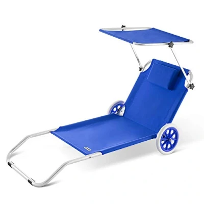 Abbildung von Casaria® Sonnenliege Klappbar mit Dach Strandliege Rollen Tasche Outdoor Klappliege Liegestuhl Abnehmbarer Sonnenschutz 115kg Blau