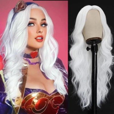 Abbildung von PORSMEER Perücke Weiß Lang Locken Gewellt Natürlich Haar für Frauen/Mädchen Alltagstauglich Cosplay Kostüm Fasching Party Wig