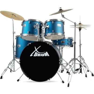 Abbildung von XDrum Semi 22&quot; Standard Schlagzeug Satin Blue Sparkle BD, 12&quot; TT, 13&quot; 16&quot; FT, 14&quot; SD Set inkl. Crash Becken und Galgenbeckenständer Blau