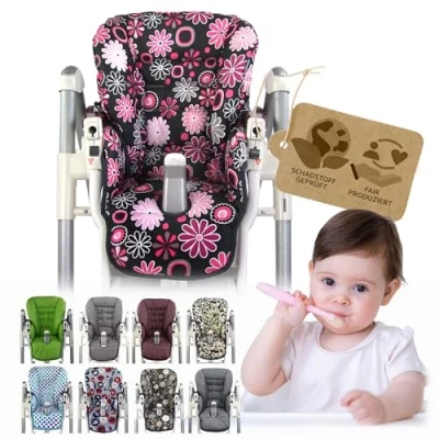 Abbildung von BAMBINIWELT Sitzkissen Ersatzbezug Bezug kompatibel mit Peg Perego Prima Pappa Diner DESIGN (grau pinke Blumen)
