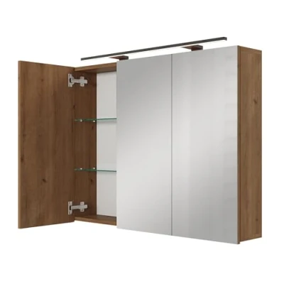 Abbildung von Planetmöbel ARIA Spiegelschrank Bad mit Beleuchtung 100 cm breit Badschrank hängend Spiegel Gold Eiche, Leuchte und Steckdose, Gäste WC x 70 16