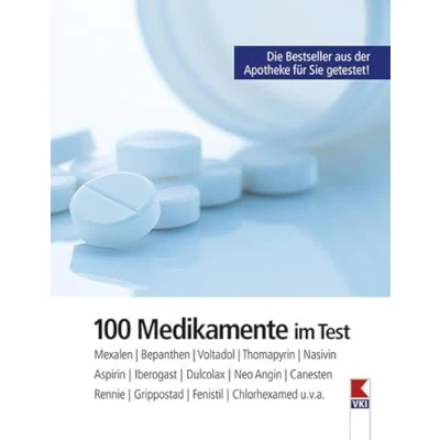 Abbildung von 100 Medikamente im Test: Mexalen, Bepanthen, Voltadol, Nasivin, Thomapyrin, Aspirin, Iberogast, Dulcolax, Neo Angin, Rennie, Canesten, Grippostad, Fenistil, Chlorhexamed u.v.a.