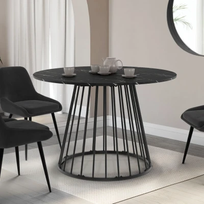 Abbildung von Runder Esstisch YUNA 6 Personen Platte mit schwarzem Marmoreffekt ALASKA und Drahtfuß aus Metall 110 cm IDMarket