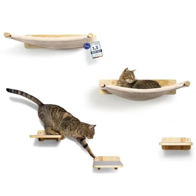 Abbildung von WOOWOOD® Kletterwand Katzen inkl. 2X Katzentreppe Wand [Massivholz] I Kratzbaum Hängematte Katze Elemente Wandkratzbaum Katzenmöbel Set (5 teilig)