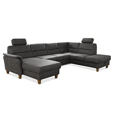 Abbildung von CAVADORE Wohnlandschaft Palera / Federkern Sofa in U Form mit 2 Kopfstützen 314 x 89 212 Mikrofaser Lederoptik, Dunkelgrau