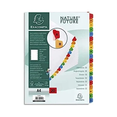 Abbildung von Exacompta 1111E Karton Register A Z für DIN A4 aus 20 teilig volle Höhe 21 x 29,7 cm weiß, bunte verstärkte Taben mit Indexseite Trennblätter Trennstreifen Ordner