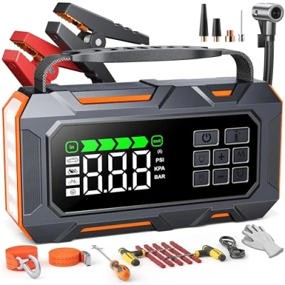 Abbildung von 14 In 1 7000A Starthilfe Powerbank für Pkw mit Kompressor 160PSI, Auto 26800mAh Verbandskasten, Jump Starter 5 Notlicht, Reifenreparaturset, Notfallhammer (All Benzin/12 L Diesel)