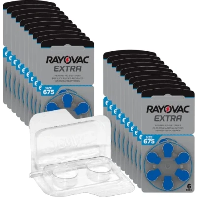Abbildung von 30x Rayovac Extra Advanced 675 Hörgerätebatterien 5x6er Blister PR44 Blau 24600 + Aufbewahrungsbox für 2 (10, 13, 312, 675), Batteriebox Knopfzellen bis 12 mm x 6 (Ø H)