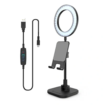 Abbildung von DigiPower Schreibtischlampe mit Smartphone und Tablet Halterung inkl. Akku, schwarz, LED fest integriert, warm, kalt, natur, Ringlicht, Handyhalterung