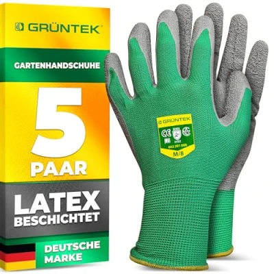 Abbildung von GRÜNTEK 5 Paar Gartenhandschuhe mit Latex Beschichtung, Garten und Bauhandschuhe, Arbeitshandschuhe geeignet für den privaten gewerblichen Gebrauch (M/8)