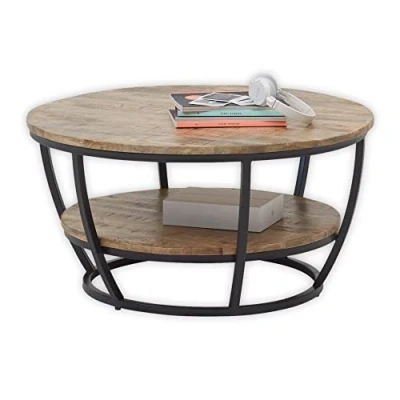 Abbildung von Stolkom Sp.z.o.o. Couchtisch JAMBI, Mangoholz massiv, Ø 87 cm, mit Ablage, Metallgestell in schwarz