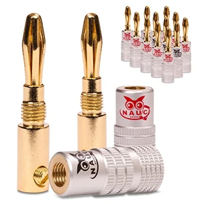 Abbildung von NAUC Bananenstecker für Lautsprecherkabel 14 Stück Stecker als Set Steckverbinder 24K vergoldet schraubbar HiFi Receiver Verstärker