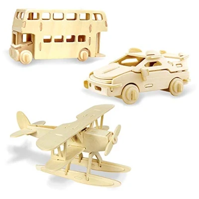 Abbildung von Georgie Porgy Hölzerne 3D Puzzle Sammlung Modell Kit Baukasten Holzhandwerk Kinder Spielzeug Alter 5+ Packung 3 (Wasserflugzeug Autos London Bus)