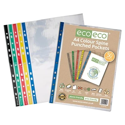 Abbildung von eco Eco107 Klarsichthüllen, A4, 100% recycelt, farbiger Rücken, mehrfach gelocht, 45 Mikron, 50 Stück