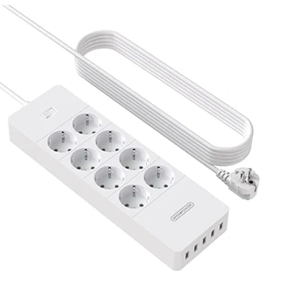 Abbildung von Steckdosenleiste Überspannungsschutz 1700 Joules mit USB und 3m Kupferkabel, Mehrfachsteckdose Wandmontage 16A/4000W, Kinderschutz EU Stecker für Zuhause Weiß MEHRWEG
