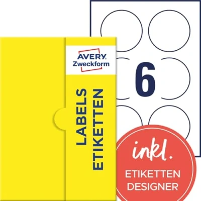 Abbildung von AVERY Zweckform P4871 20 Namensetiketten (120 Namensaufkleber rund, Ø80mm auf A4, selbstklebend, bedruckbare Textiletiketten aus Acetatseide für Laserdrucker, rückstandsfrei ablösbar) Blatt, weiß