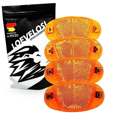 Abbildung von Speichenreflektoren Fahrrad Extra Verstärkt mit Stahlclips Reflektoren Orange 4er Set Katzenaugen Kinder StVZO Prüfzeichen Speichen Reflektor fürs Rennrad MTB Trekking Bike