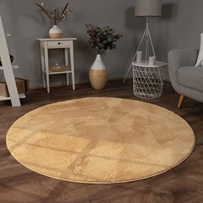 Abbildung von Paco Home Hochflor Teppich Wohnzimmer Flauschig Fellteppich Kunstfell Plüsch Shaggy Weich Fellimitat, Grösse:160 cm Rund, Farbe:Weiß