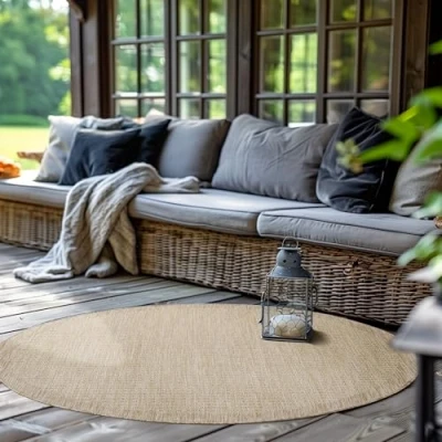 Abbildung von SIMPEX Outdoor Teppich Rund,Terrasse Balkon Garten Küchenteppich Einfarbiges Design Wetterfest Flachgewebe Sisal Look Waschbarer Teppich, Größe: 160 cm Rund, Farbe: Beige