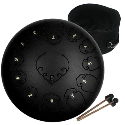 Abbildung von Amkoskr Stahlzungentrommel, 12 Zoll 30 cm Steel Tongue Drum,C Dur 13 Noten, Handtrommel HandPan Drum mit Drumsticks/Tragetasche(Schwarz)