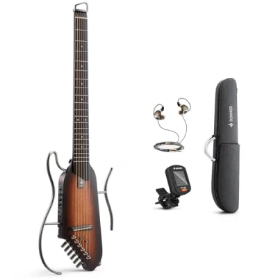 Abbildung von Donner HUSH I Leise Elektro Akustik Gitarre für Unterwegs, Kopfloser Tragbarer Reisegitarre, Ultraleichte Mahagonikorpus mit abnehmbaren Rahmen, Gigbag und Zubehör