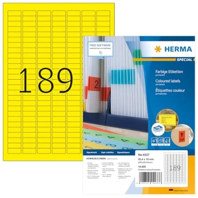 Abbildung von HERMA 4237 Farbige Etiketten gelb, 100 Blatt, 25,4 x 10 mm, 189 pro A4 Bogen, 18900 Stück, selbstklebend, bedruckbar, matt, blanko Papier Farbetiketten Aufkleber