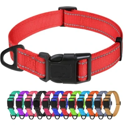 Abbildung von TagME Nylon Hundehalsband, Verstellbares Reflektierendes Hundehalsband mit Sicherheitsschnalle für Kleiner Hund, Rot, 2.0cm Breite