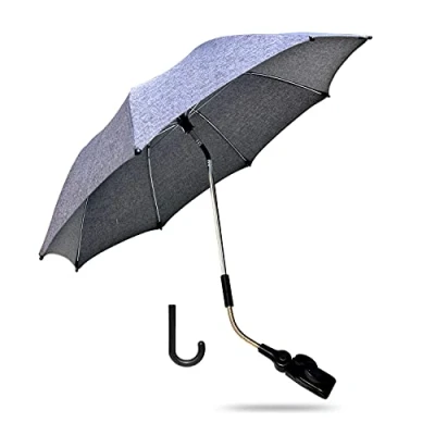 Abbildung von ZjRight Universal Sonnenschirm Sonnenschutz für Kinderwagen &amp; Buggy UV Schutz 50+ / 73 cm Durchmesser mit Einem Regenschirmgriff, Rund und Ovalrohre Hellgrau
