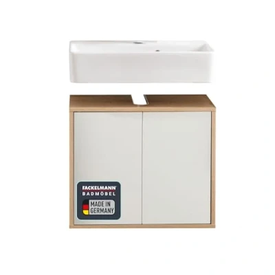Abbildung von FACKELMANN Finn Waschbeckenunterschrank (60 x 50 30,5 cm) inklusive Waschbecken aus Keramik 13 35 Badschrank Holz in Weiß &amp; Eiche