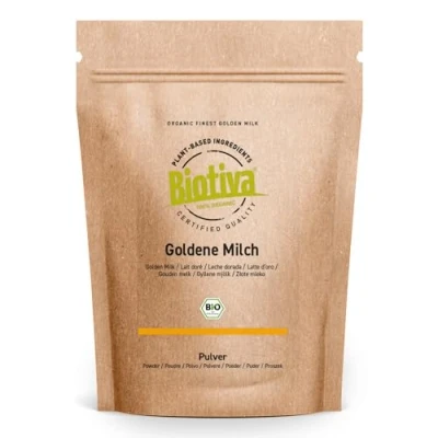 Abbildung von Goldene Milch Bio 100g ayurvedische Gewürzmischung Pulver Kurkuma Ingwer Muskatnuss Zimt &amp; Pfeffer kontrolliert und abgefüllt in Deutschland Biotiva