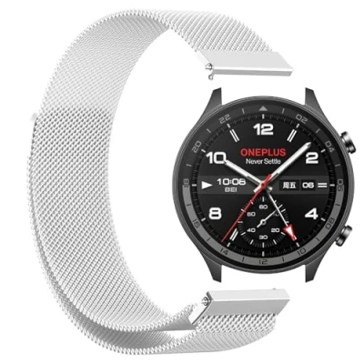 Abbildung von GIOPUEY Armband Kompatibel mit OnePlus Watch 2R, Geflochtenes Edelstahlarmband [Verschleißfest] [magnetisch] Ersatzarmband Silver