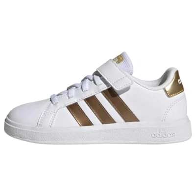 Abbildung von adidas Unisex Grand Sustainable Lifestyle Court Elastic Lace and Top Strap Shoes Tennisschuhe, Cloud White/Cloud White/Matte Gold, 38 EU
