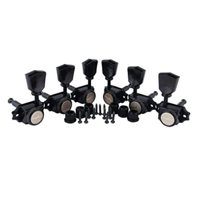Abbildung von Guyker Locking Guitar Machine Heads (3R + 3L) 1:15 Ratio Lock String Vintage Deluxe Tuning Key Pegs Tuners Set Replacement for Electric, Acoustic or Folk Guitars Black Handle