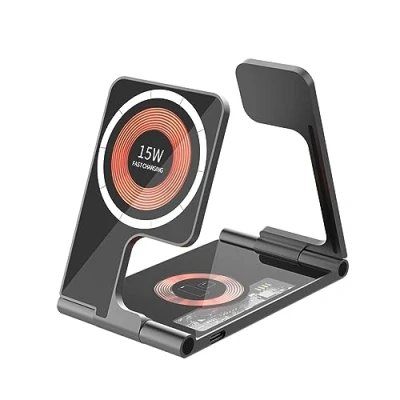 Abbildung von DAM Ladestation, faltbar, 5 in 1, Magsafe Basis 15 W, Ladegerät für Apple Watch und Qi Basis, Doppel Standfunktion, 10,9 x 6,4 1 cm, Farbe: Schwarz