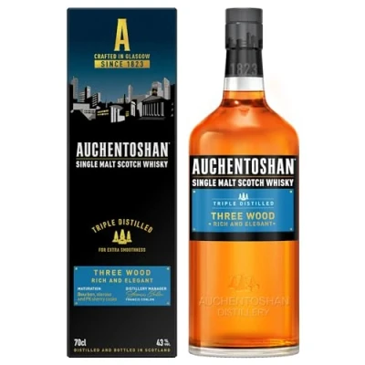 Abbildung von Auchentoshan Three Wood Single Malt Scotch Whisky mit Geschenkverpackung karamell nussiger Geschmack 43% Vol 700ml Einzelflasche