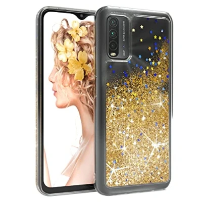 Abbildung von EAZY CASE Hülle kompatibel mit Xiaomi Redmi 9T Schutzhülle Flüssig Glitzer, Handyhülle, Schutzhülle, Back Cover Glitter Flüssigkeit, TPU/Silikon, Transparent/Durchsichtig, Gold