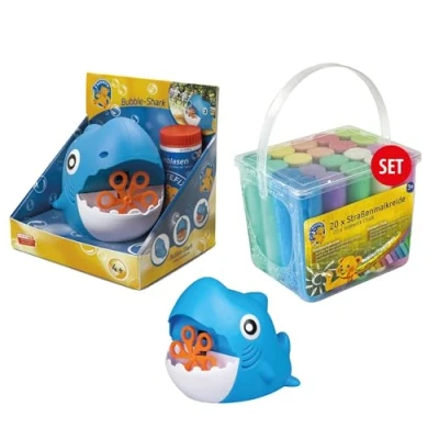 Abbildung von PUSTEFIX Mini Seifenblasenmaschine Hai &amp; MALEFIX Straßenkreide 20er Packung I Seifenblasen Kinder Set Bubble Spaß bei Kinderpartys Geburtstagen