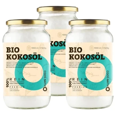 Abbildung von Bio Kokosöl CocoNativo 3x1000mL(1L) Kokosfett, Kokosnussöl, Premium, Nativ, Kaltgepresst, Rohkostqualität, Rein zum Kochen, Braten und Backen, für Haare Haut (3x1000ml Schraubglas)