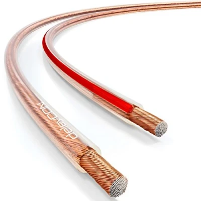 Abbildung von deleyCON 25m Lautsprecherkabel 2x 1,5mm² Boxenkabel CCA Kupferüberzogenes Aluminium 2x48x0,20mm Litze Polaritätskennzeichnung Transparent