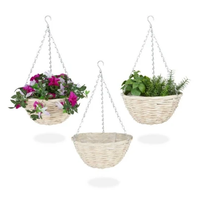 Abbildung von Relaxdays Blumenampel, 3er Set, Weide Korbgeflecht, handgefertigt, Folie, Eisenkette, Hängetopf HxD: 12 x 25 cm, Natur